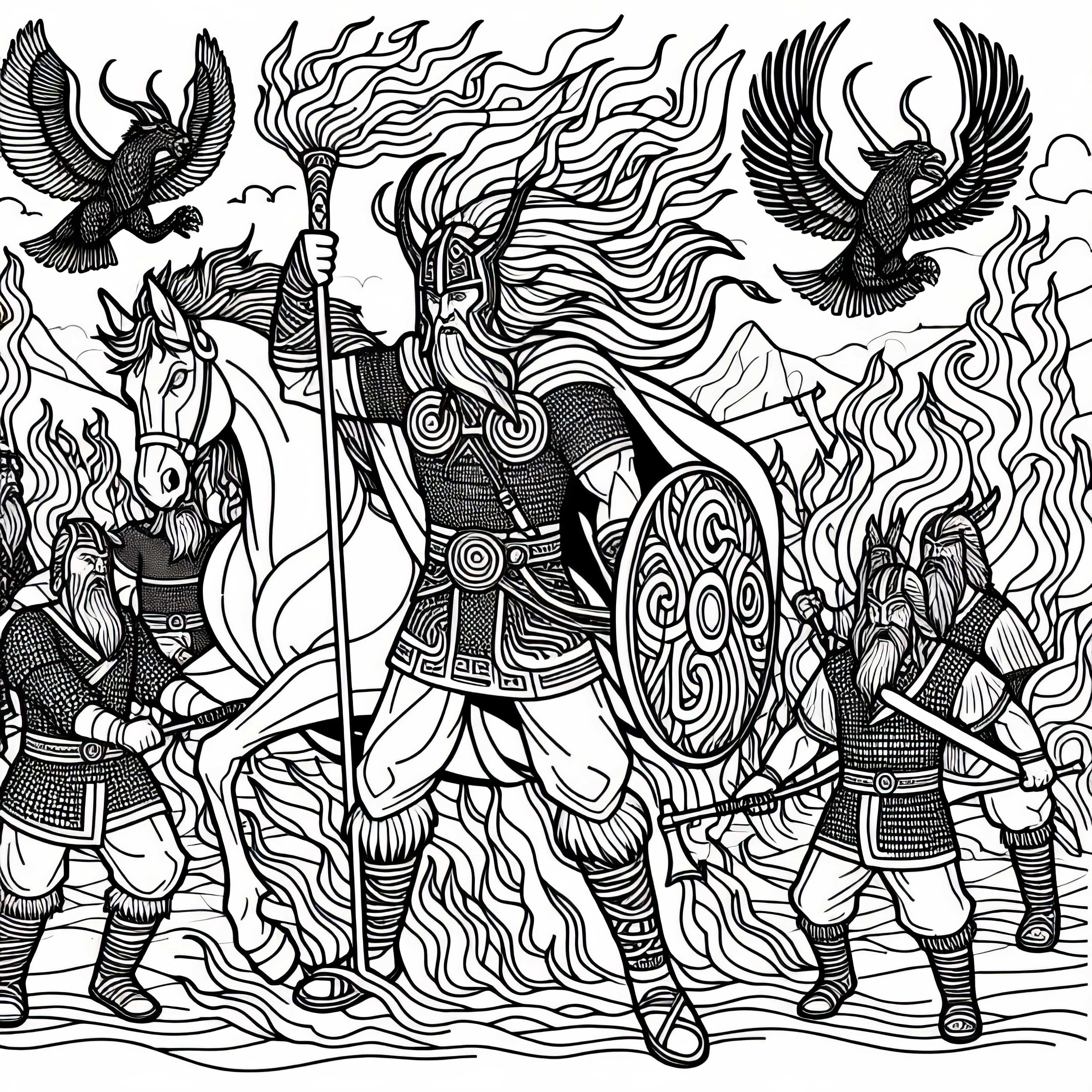 Ragnarok: El fin del mundo con dioses luchadores y gigantes de fuego - Plantilla para colorear mitología nórdica gratis Ragnarok: El final de los tiempos con dioses luchadores y gigantes de fuego - Plantilla para colorear mitología nórdica gratuita