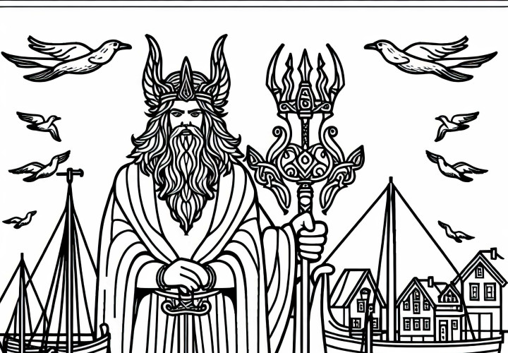 Njörd, el dios del mar en el puerto con barcos - Plantilla para colorear de la mitología nórdica