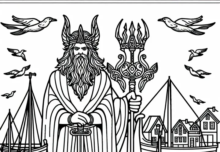 Ньёрд, бог моря в порту с лодками - раскраска по скандинавской мифологии