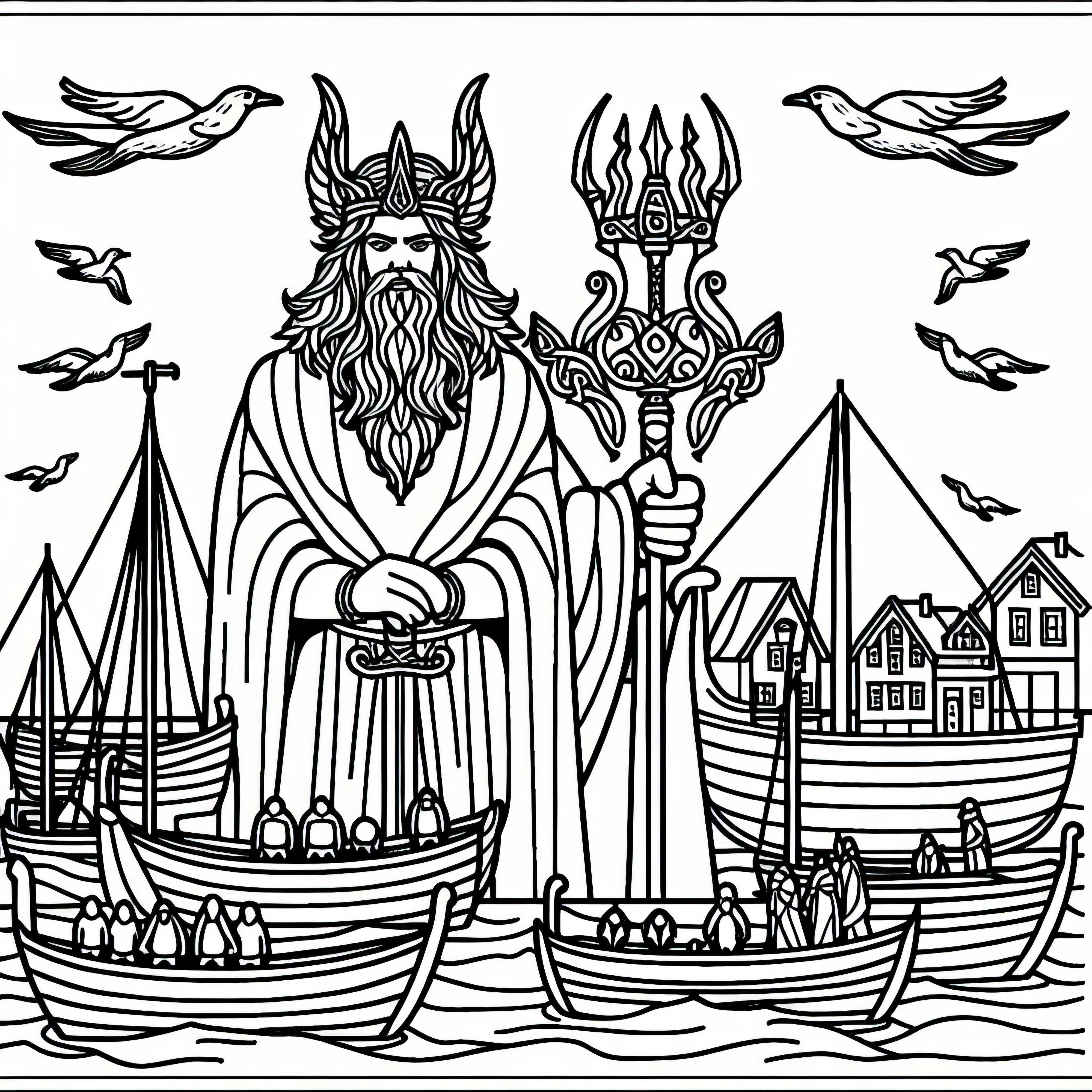 Njörd, el dios del mar en el puerto con barcos - Plantilla para la mitología nórdica Njörd, el dios del mar en el puerto con barcos - Plantilla para colorear de la mitología nórdica
