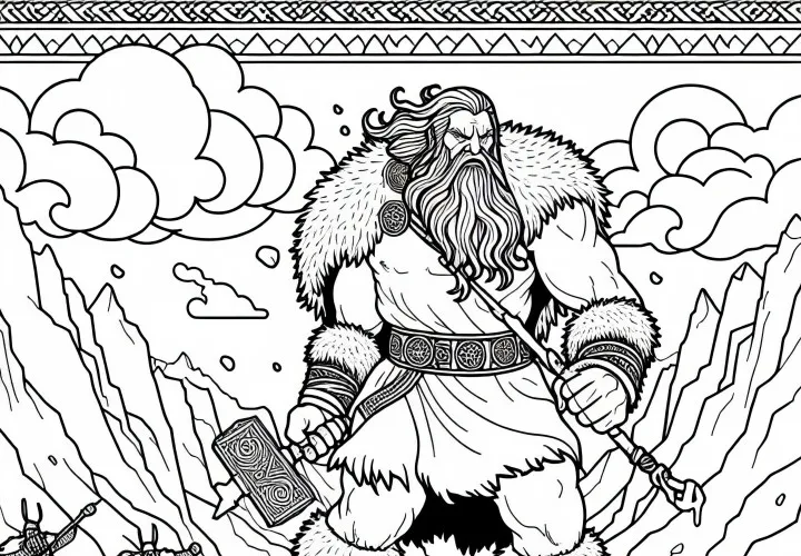 Ледяной великан в Йотунхейме сражается - Бесплатная раскраска скандинавской мифологии