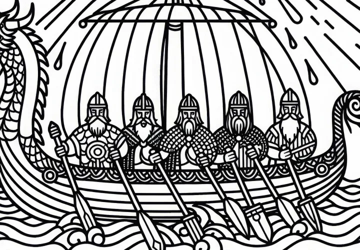Дракар с викингами на открытом море – раскраска по мотивам северной мифологии