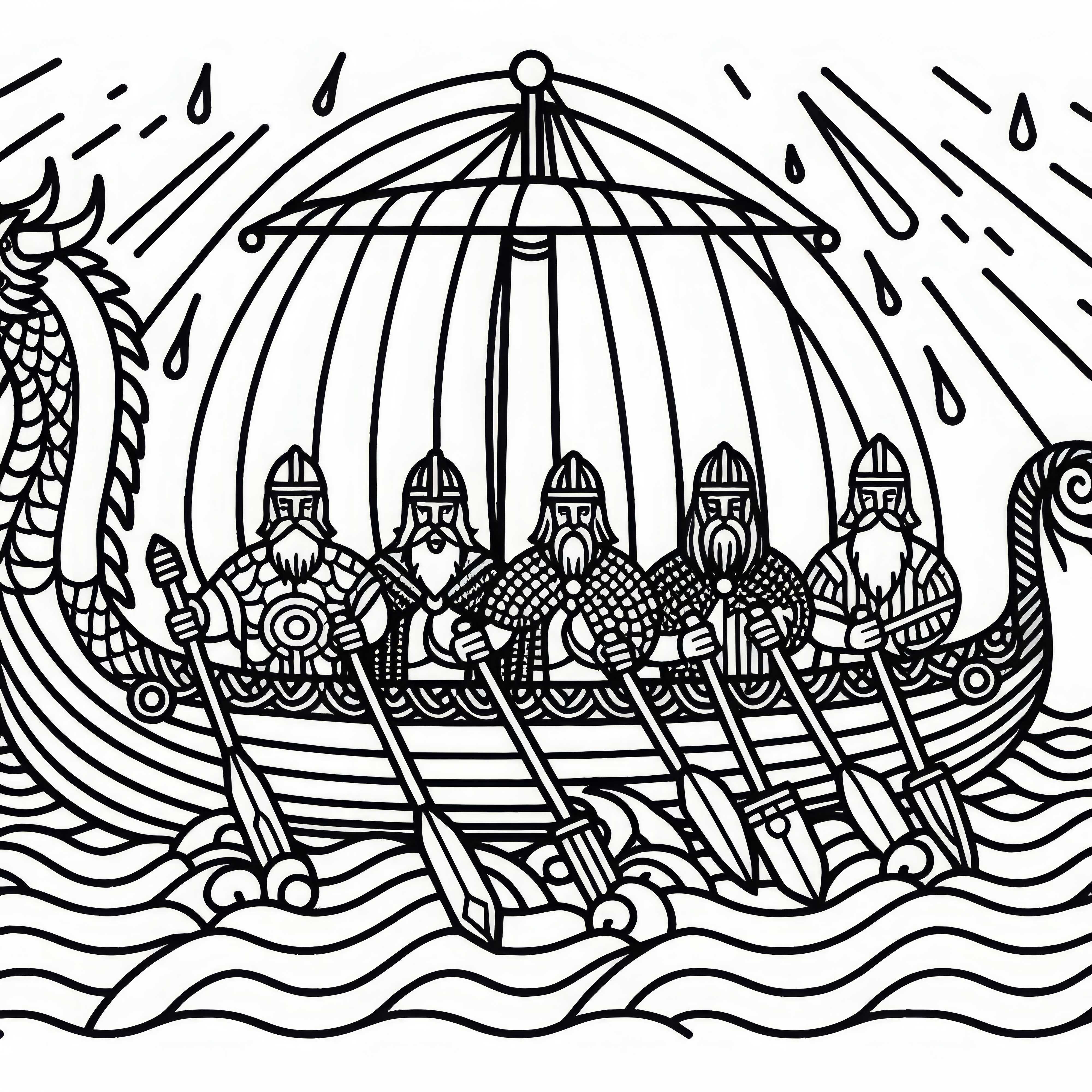Bote de dragón con vikingos en alta mar - Dibujo para colorear de la mitología nórdica