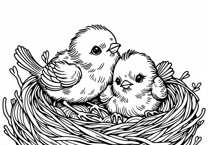 Jauni paukščiai lizde – Nemokamas spalvinimo šablonas