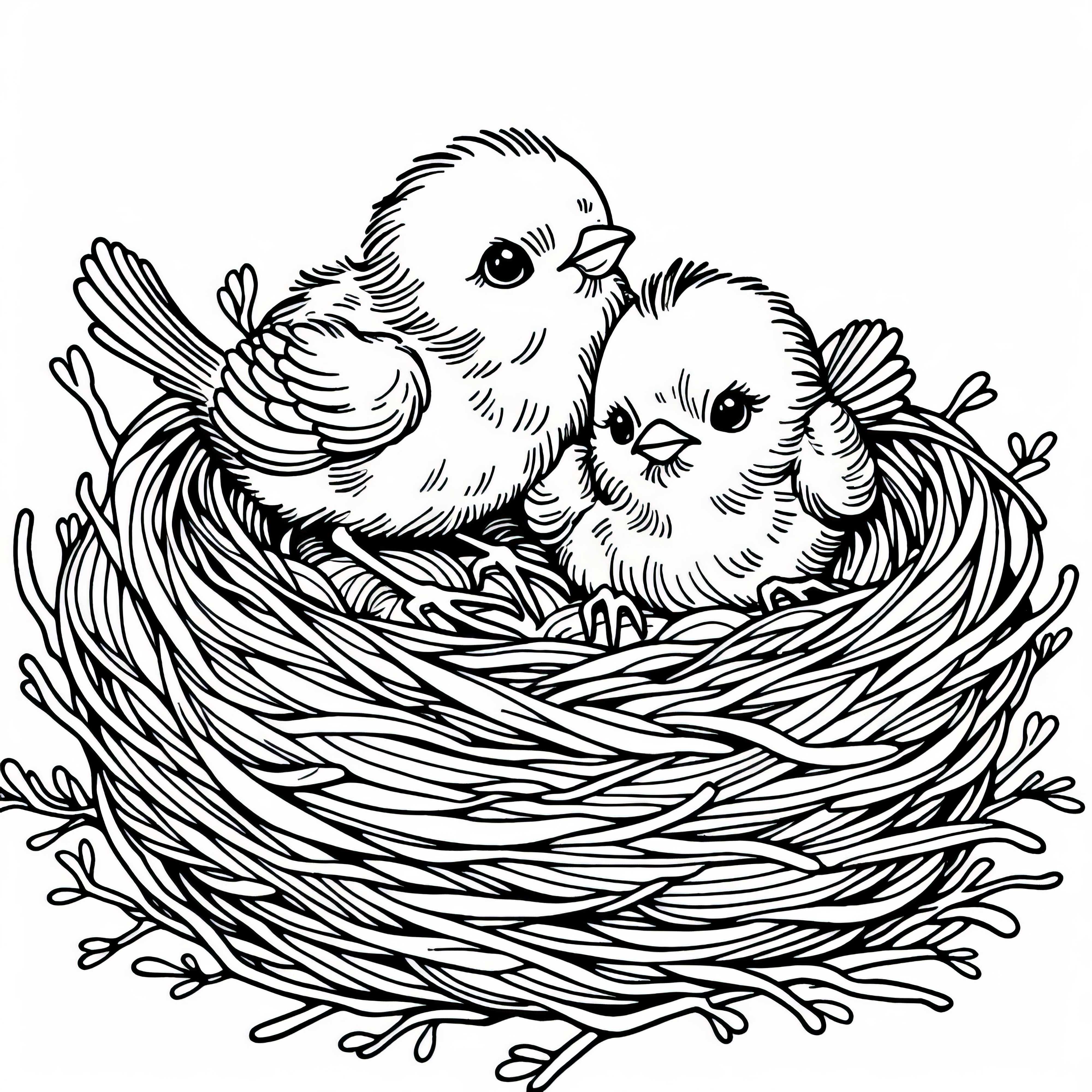 Jauni paukščiai lizde – Piešimo šablonas Nemokamai Jauni paukščiai lizde – spalvinimo lapas nemokamai