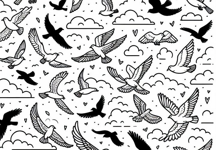 Paukščiai skrenda danguje – Nemokama spalvinimo knygelė