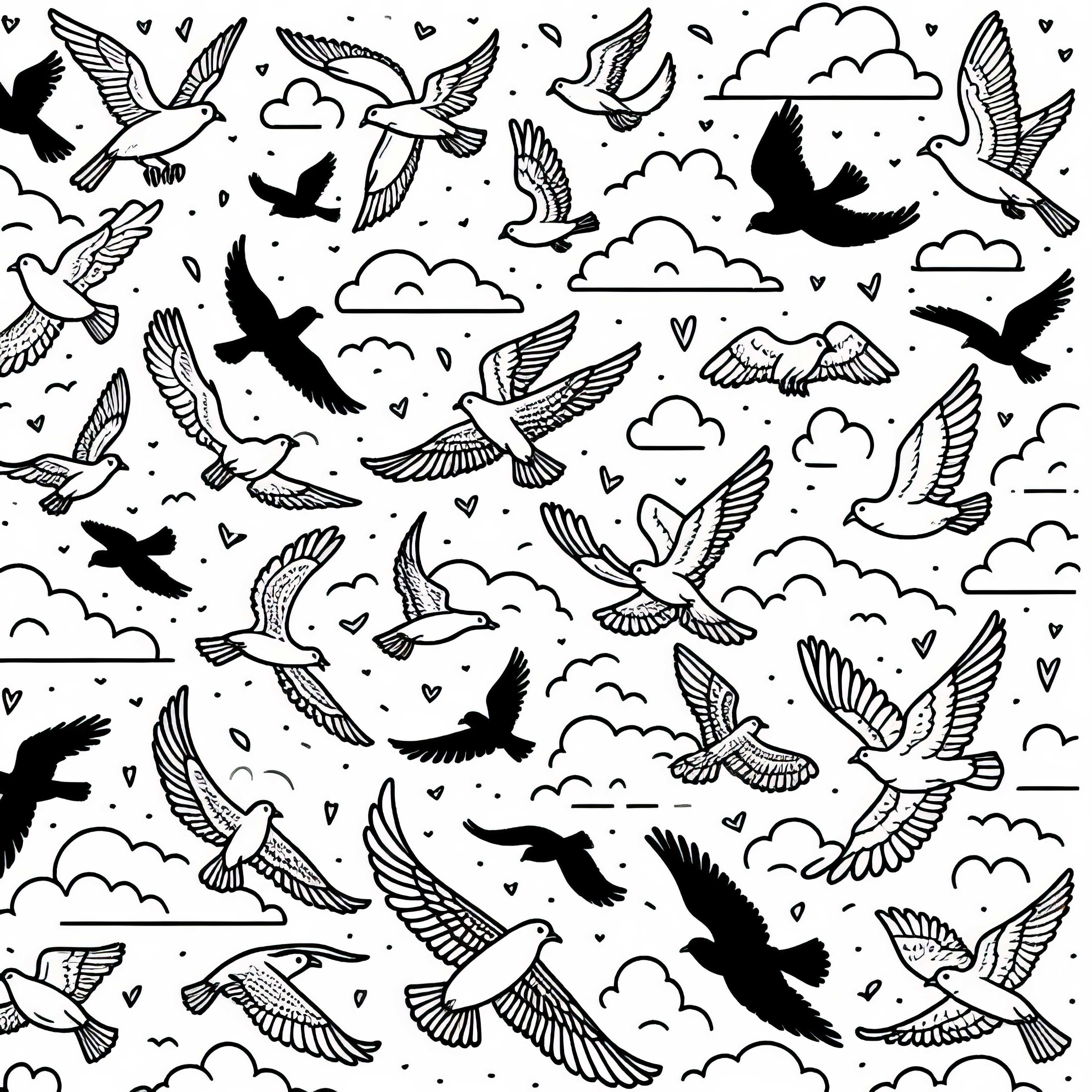 Paukščiai skrenda danguje – Nemokama piešimo lenta Paukščiai skraido danguje – nemokama spalvinimo knygelė