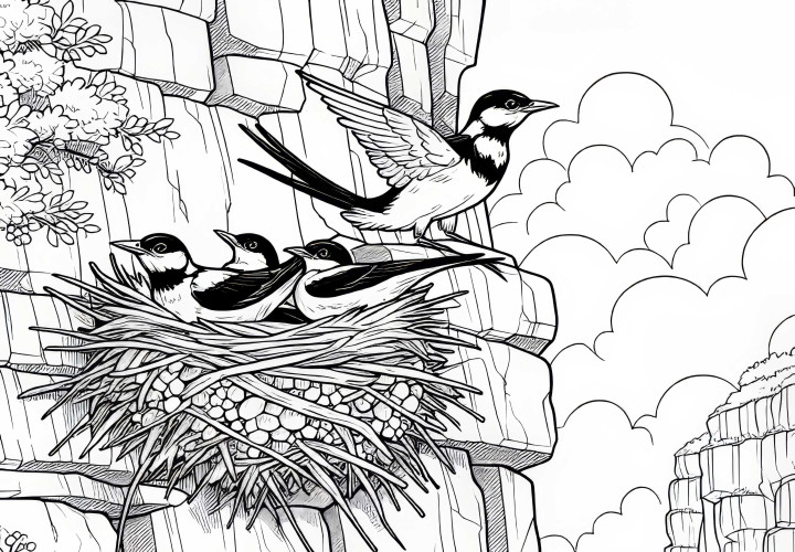 Paukščiai įsikuria uoloje – nemokama dažymo šablonas