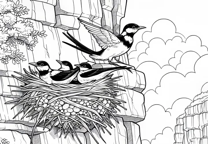 Vtáky hniezdia na skalnej stene – bezplatná maľovacia šablóna