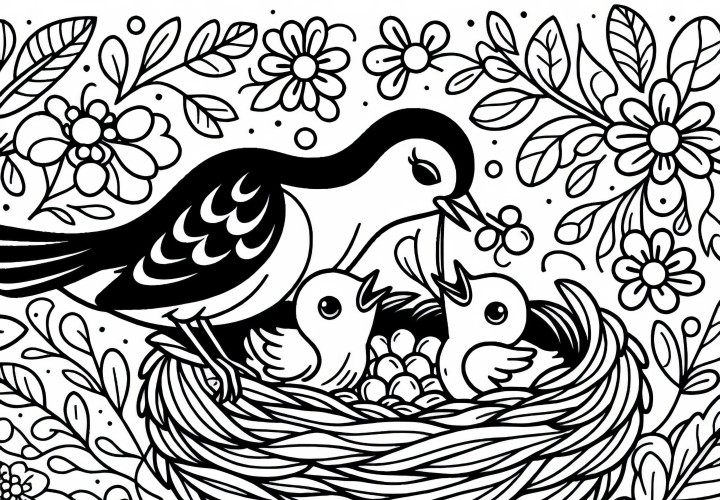 Paukštis šeria jaunas paukščius lizde – Nemokama spalvinimo knygelė