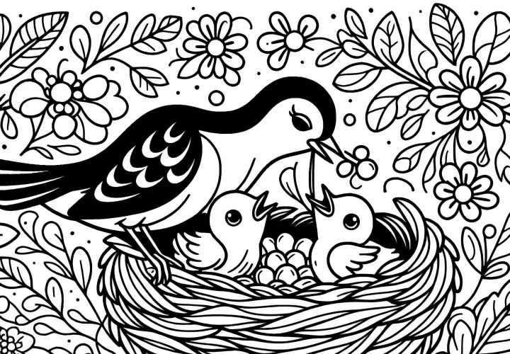 VTáčik kŕmi mladé vtáky v hniezde – Maľovanka zdarma