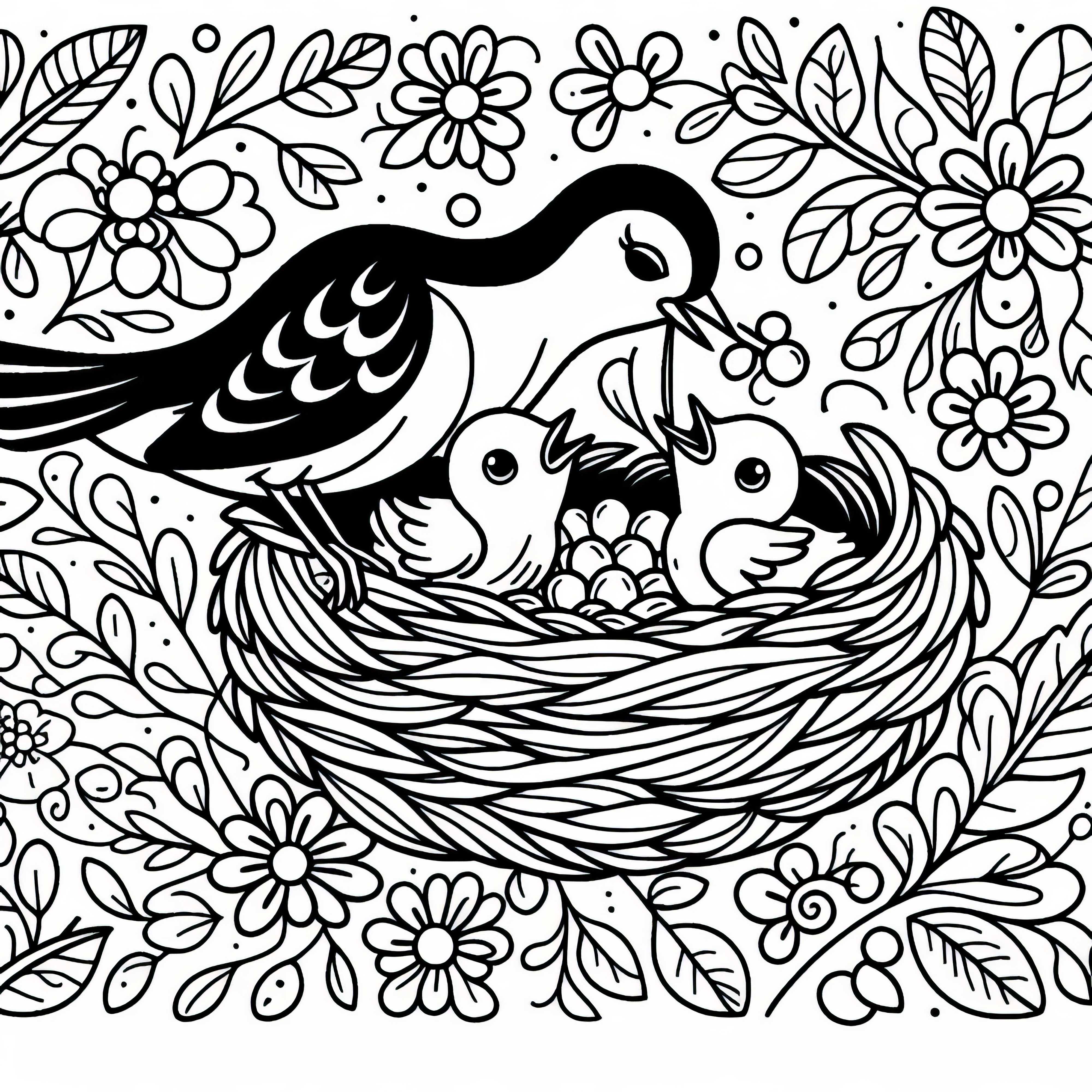 Paukštis šeria jaunuolius lizde – Nemokama spalvinimo knygelė Paukštis maitinasi jauniem paukščiams lizde – Nemokama spalvinimo knyga