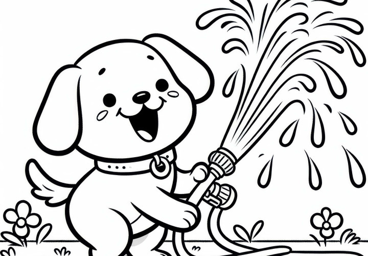 Cachorro brincando com mangueira - Desenho para colorir grátis