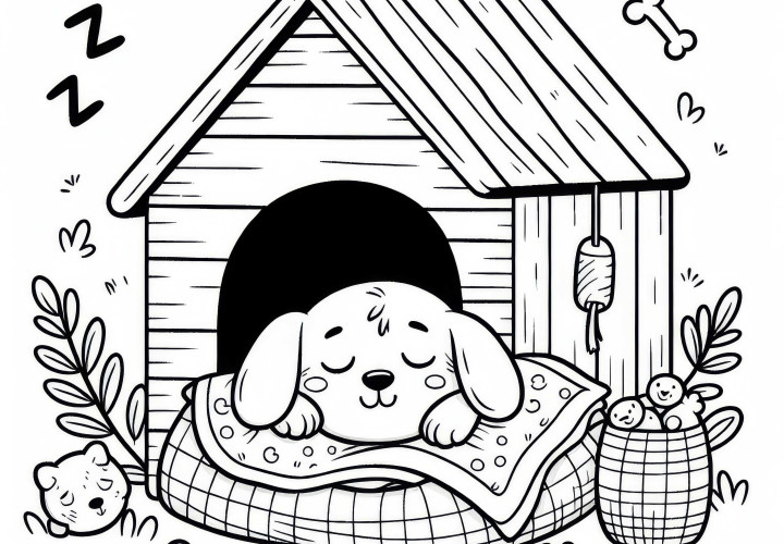 Cão dorme na cesta com cobertor de pelúcia - Desenho para colorir gratuito