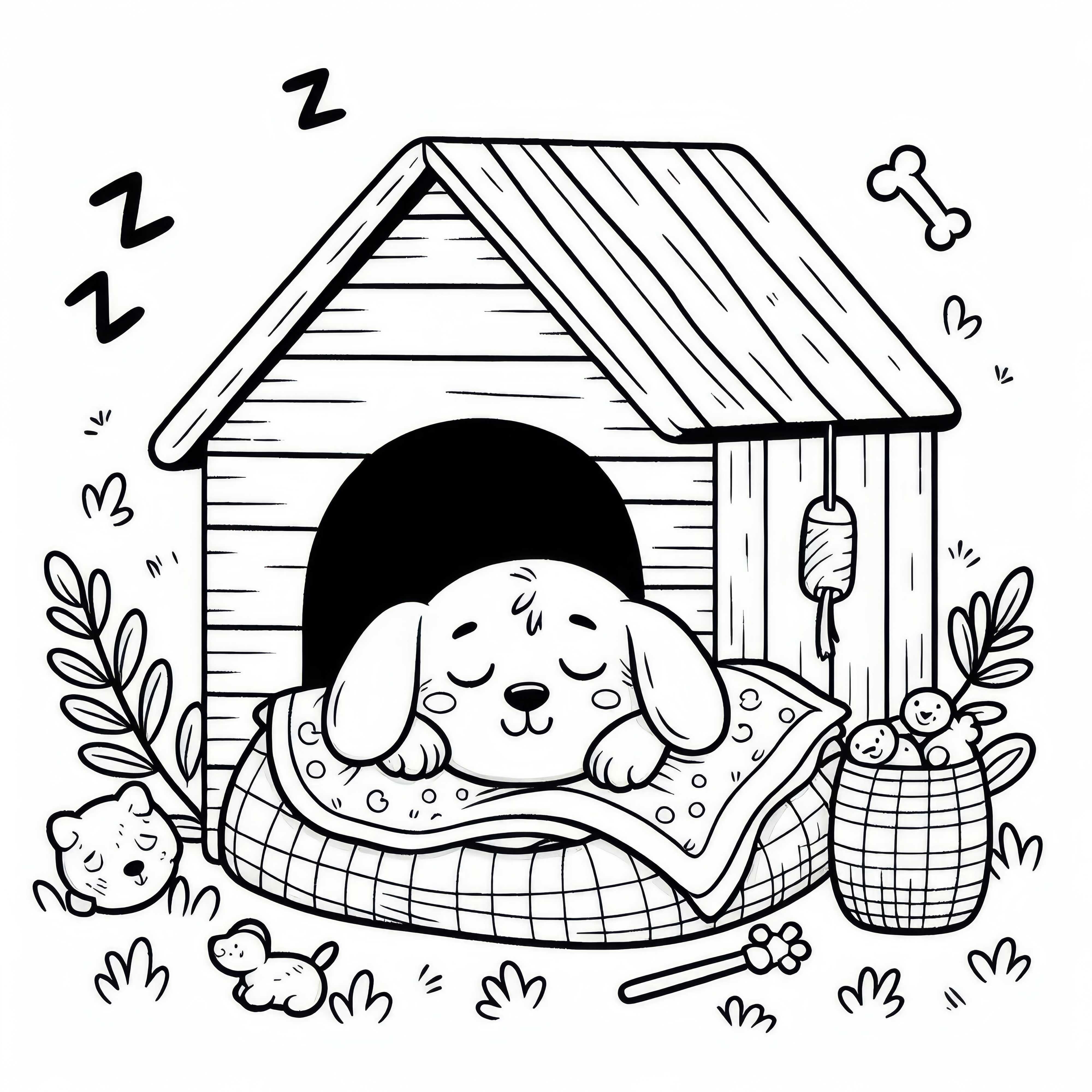 Cachorro dorme na cama de cachorro com cobertor de pelúcia – Desenho para colorir gratuito