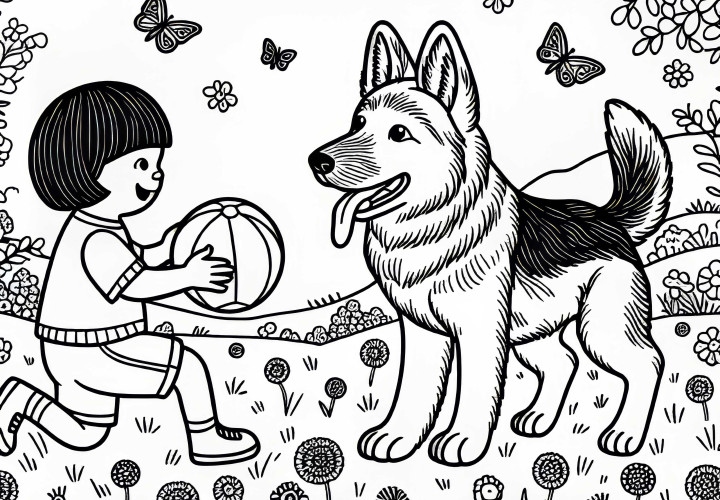 Cachorro e criança brincando com bola no gramado – Desenho para colorir grátis