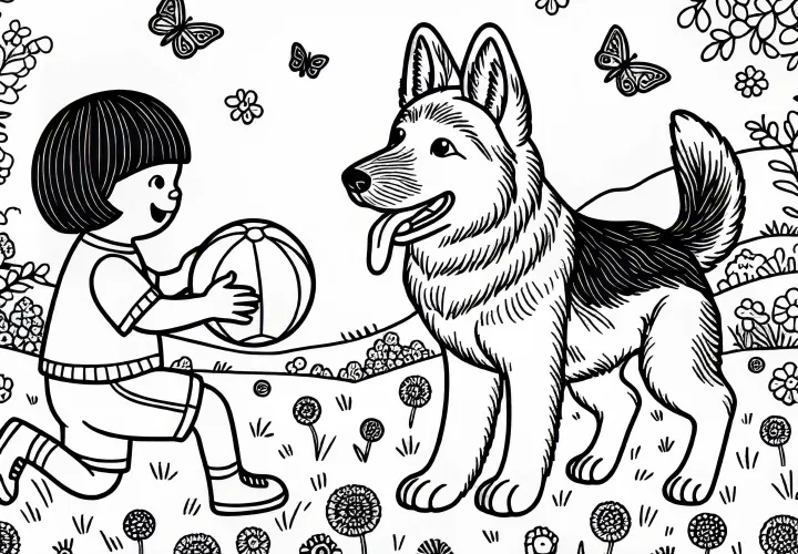 Pes a dieťa hrajú s loptou na tráve – Stolná maľovanka zadarmo