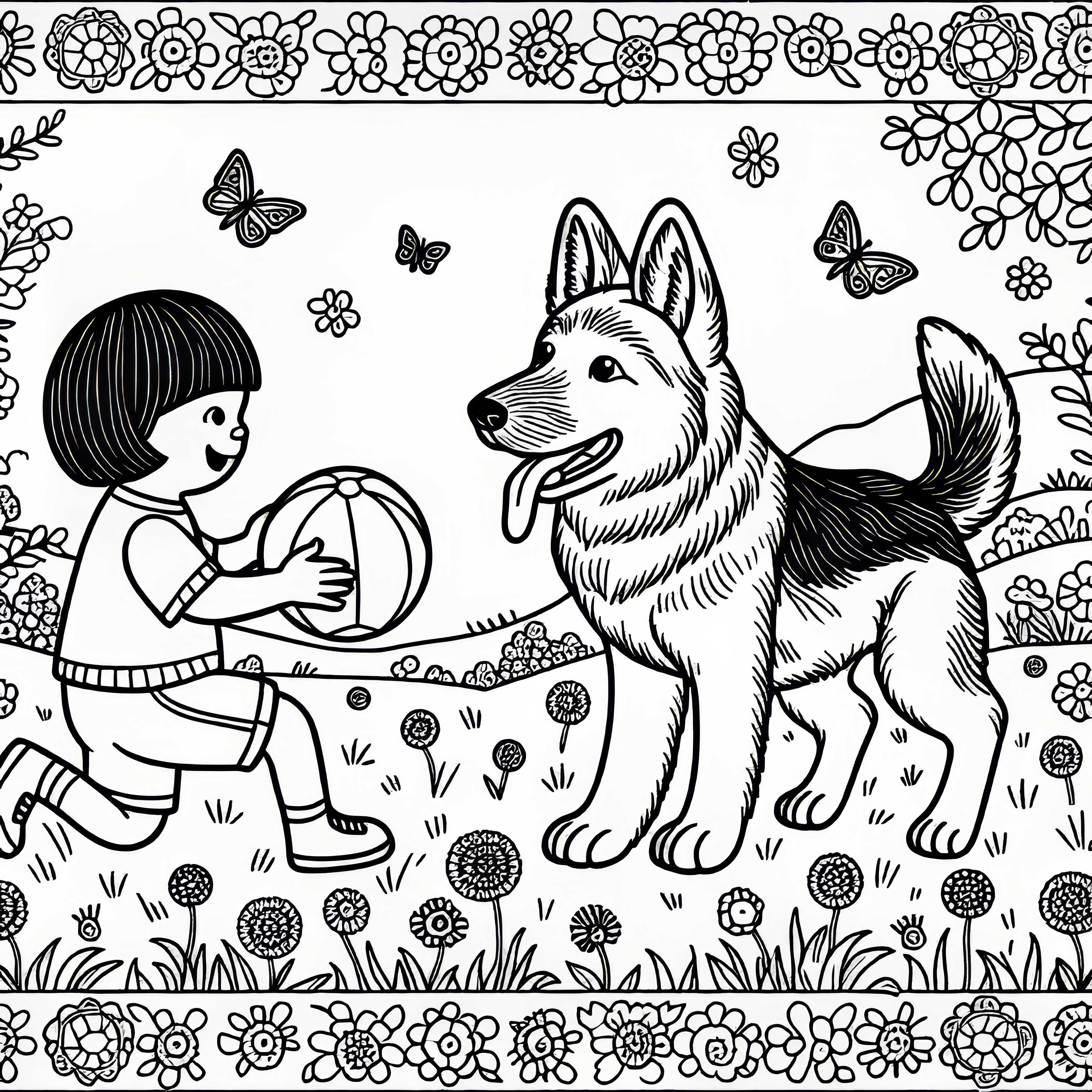 Cachorro e criança brincando com bola na grama – Desenho para colorir grátis