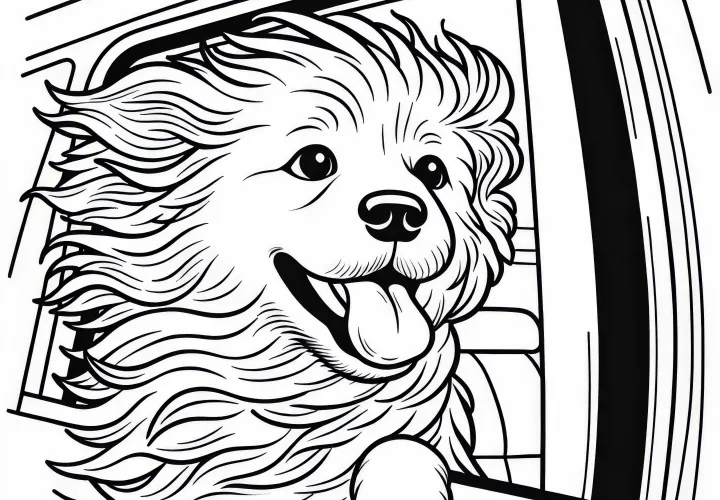 Pes pozerá z okna auta s vlniacou sa srsťou vo vetre – omalovánka zadarmo