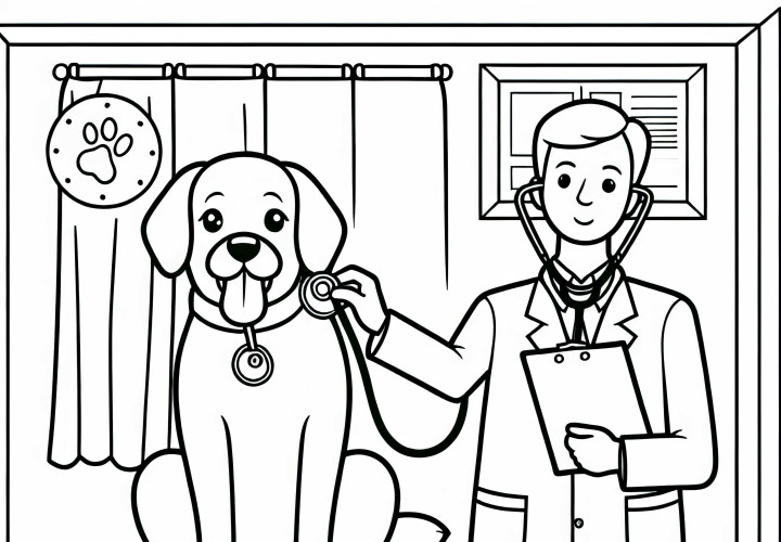 Cão no veterinário sentado bravamente na mesa - Modelo para colorir gratuito