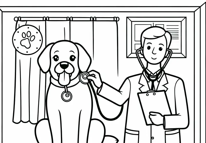 Pes u veterinára sedí poslušne na stole – Maľovanka zadarmo