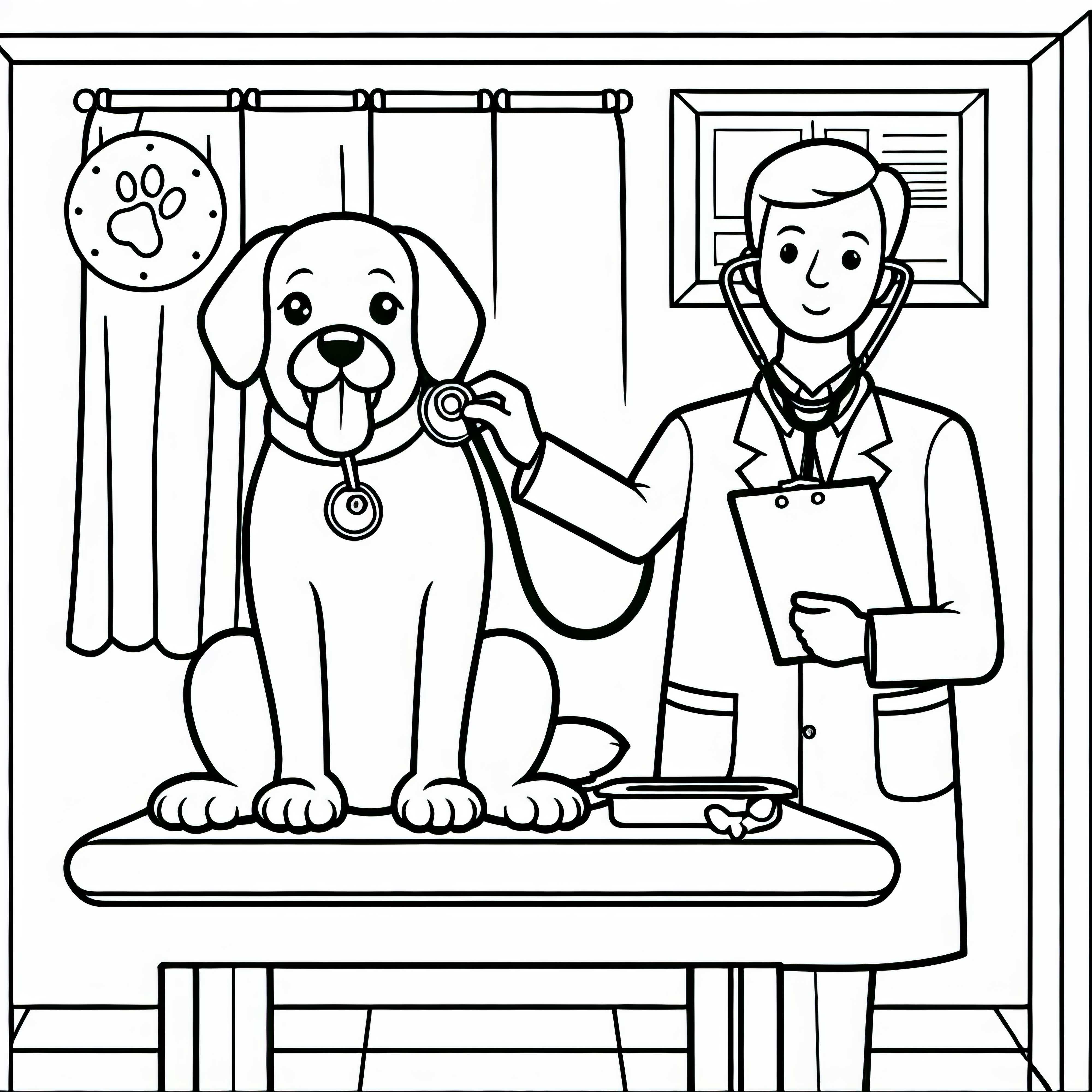 Cachorro no veterinário sentado comportado na mesa - Modelo para colorir grátis