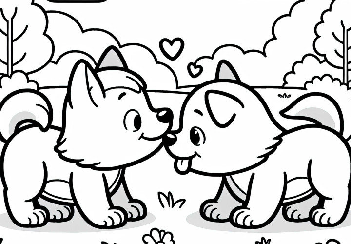 Dois cães se cheiram no parque - Desenho para colorir grátis