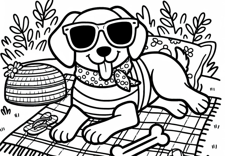 Cachorro em um dia de verão com óculos de sol em uma manta com osso - Modelo para colorir gratuito