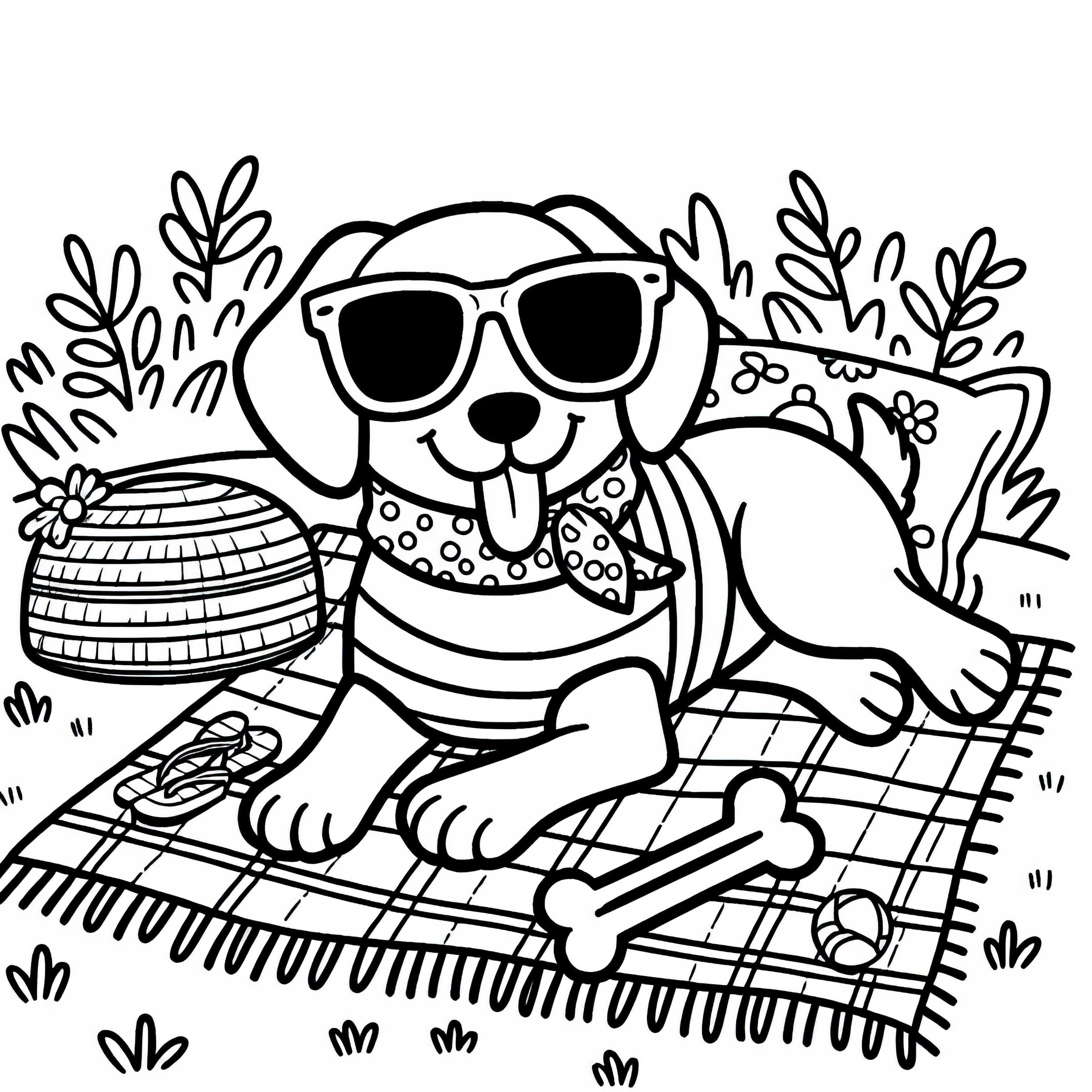 Cachorro em um dia de verão com óculos de sol em um cobertor com osso - desenho para colorir gratuito