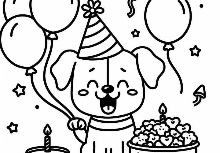 Cães comemoram aniversário com chapéu de festa, tigela e balões – Desenho para colorir grátis