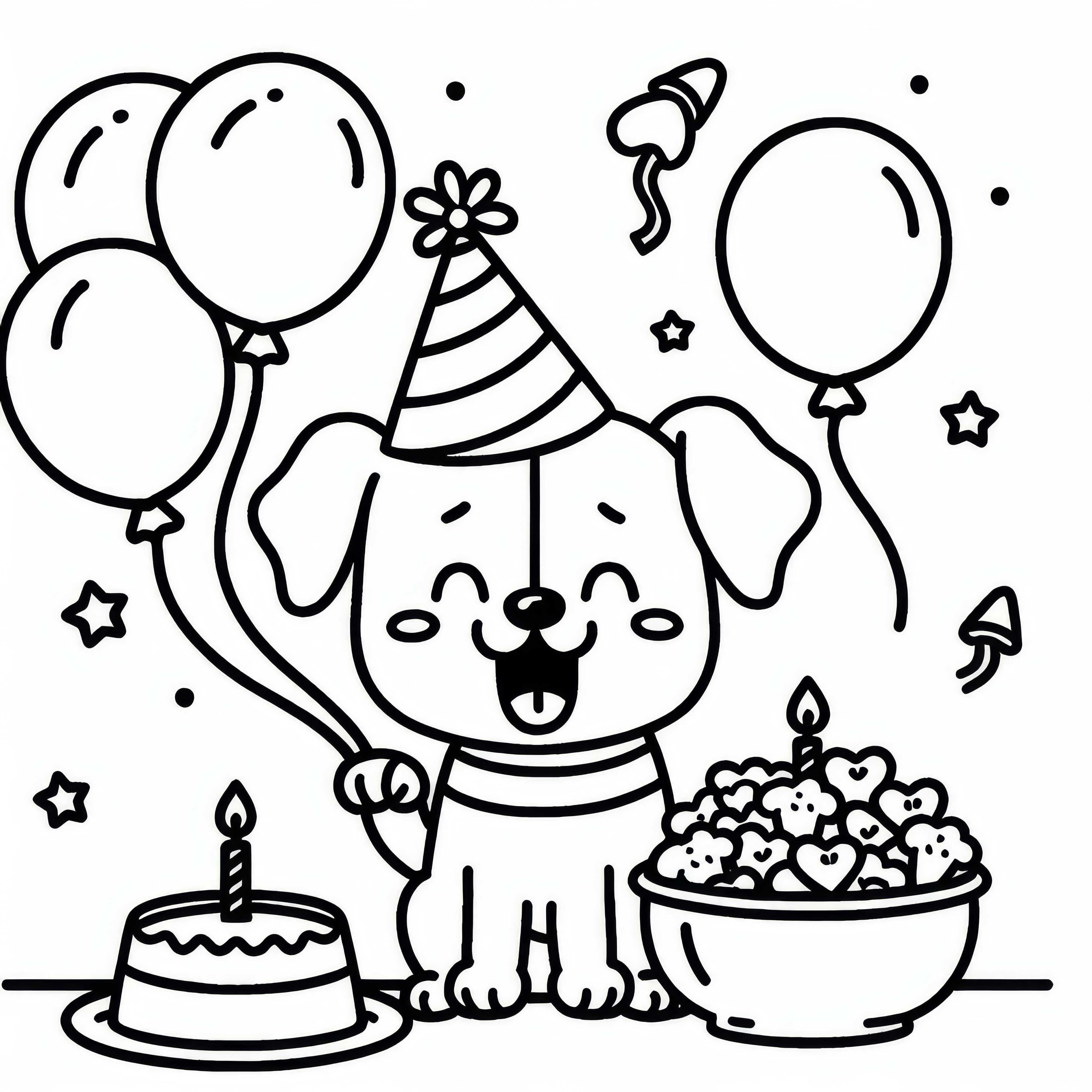 Cães comemoram o aniversário com chapéu de festa, tigela e balões – Desenho para colorir grátis