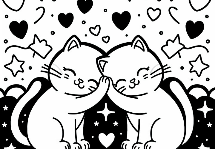 Two cats are rubbing their heads together - download the coloring page for free