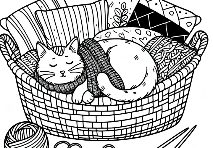 Mačka leží skrútená v košíku – Obrázok na vymaľovanie zadarmo