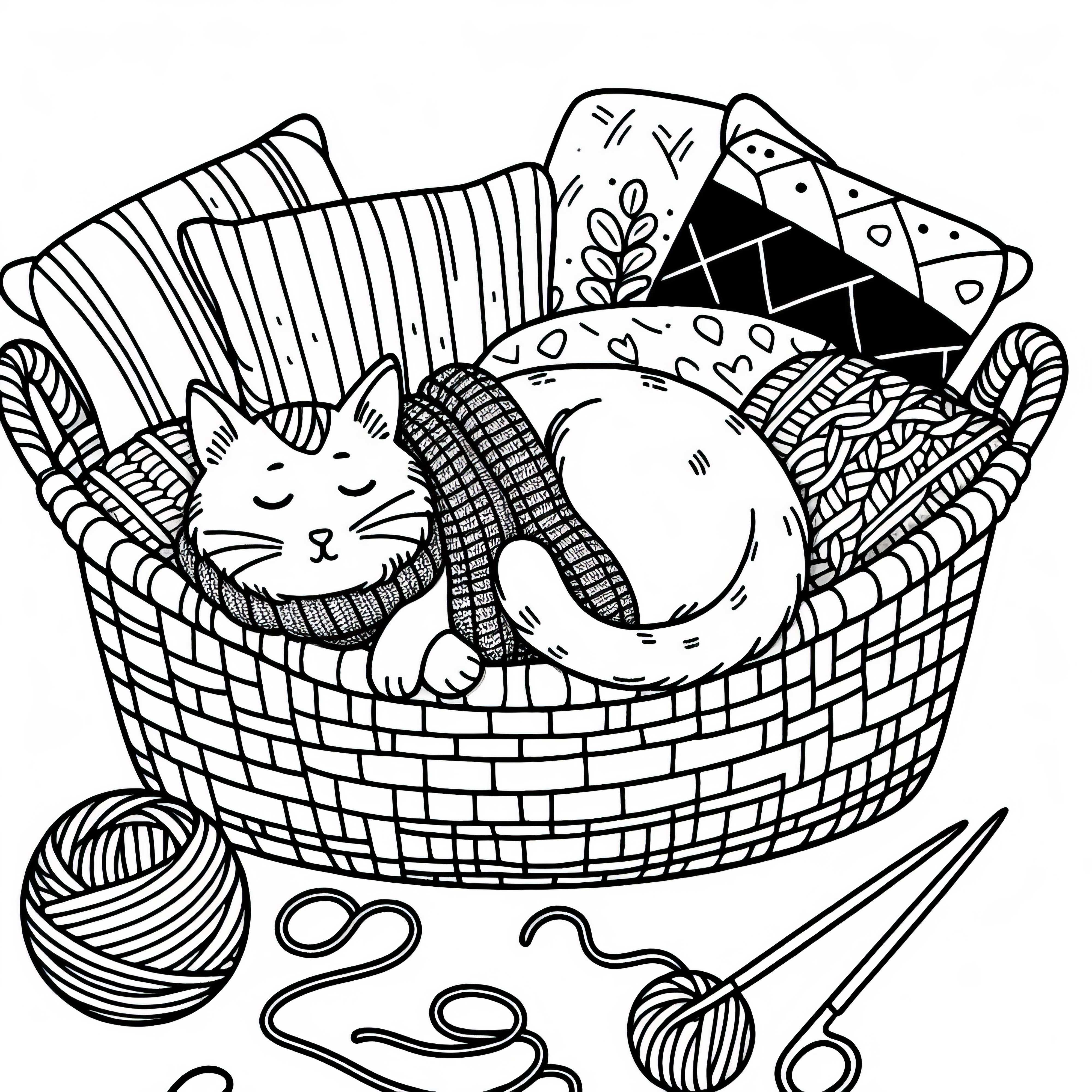 Cat curled up in a basket - Free coloring page