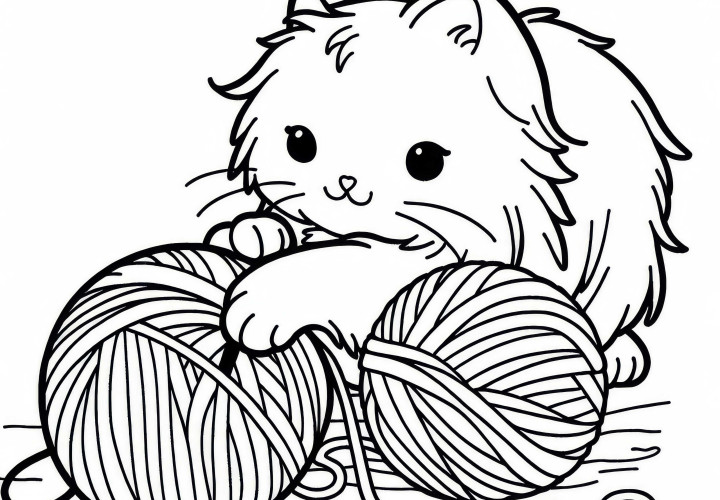 Cat playing with a ball of yarn - Free coloring page