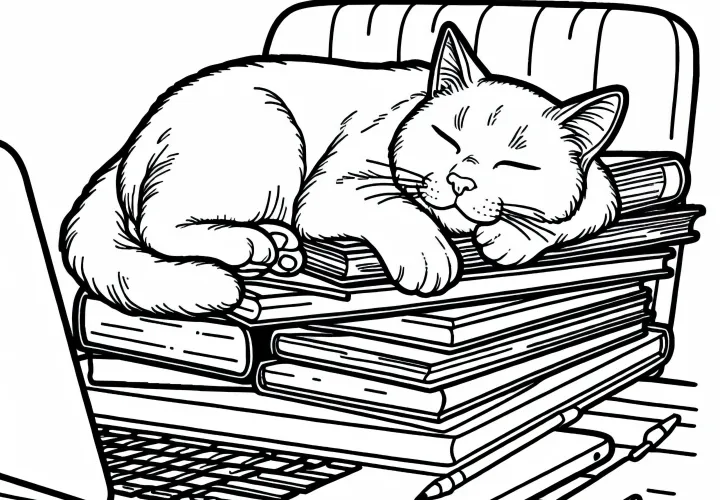 Mačka spí na stohu kníh – Bezplatná vymaľovánka