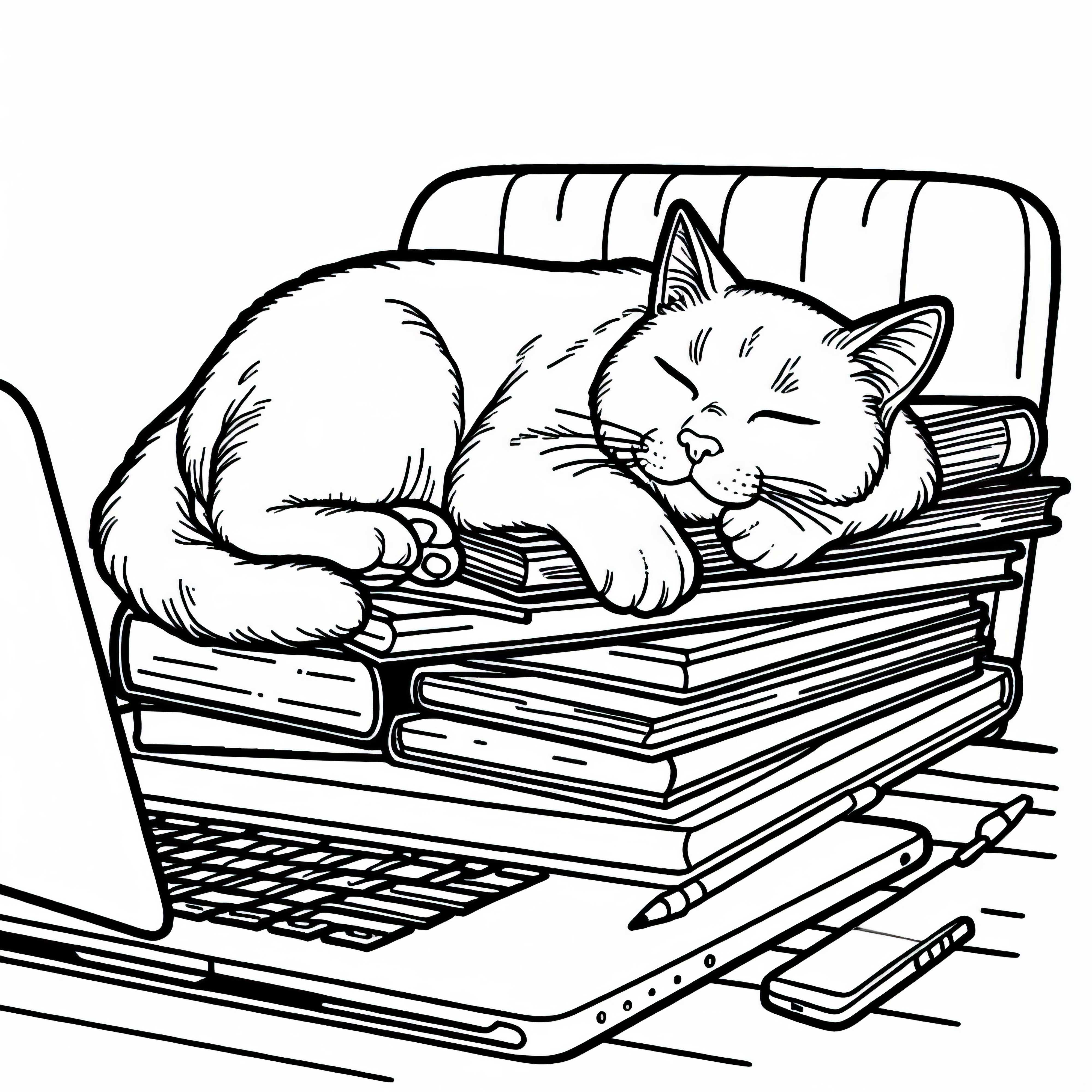 Cat sleeping on a pile of books - Free coloring page