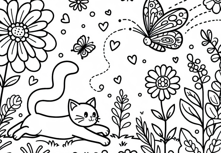 Cat chases butterfly in the garden – Free coloring page