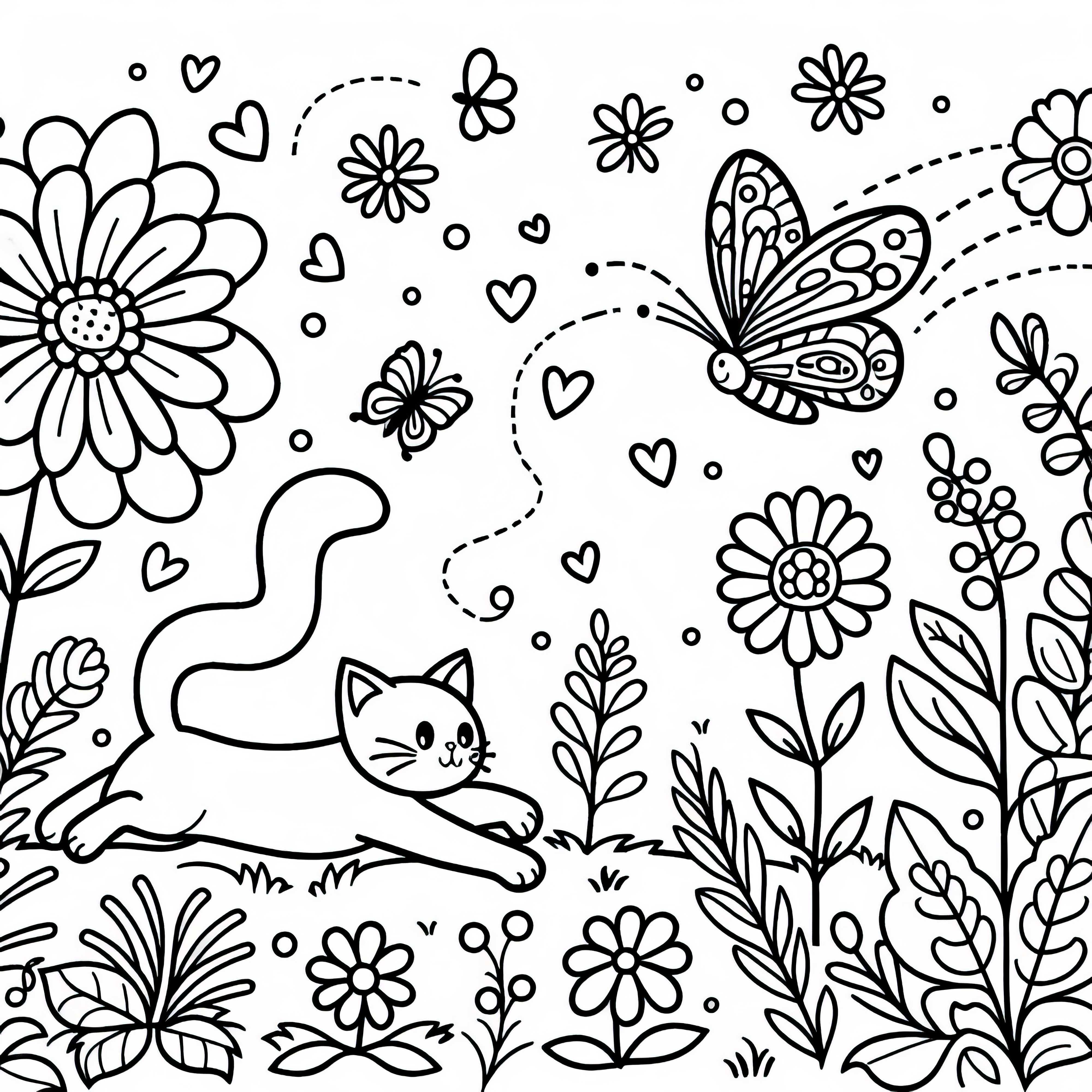 Cat chases butterfly in the garden – Coloring page free of charge
