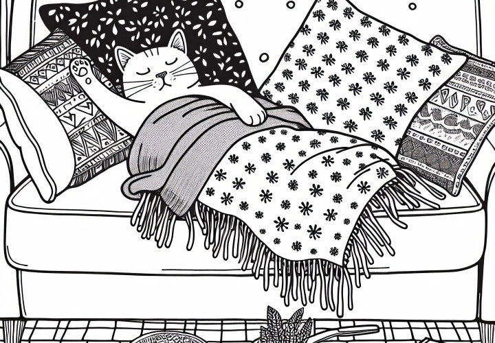 Cat stretches happily on the sofa – Free coloring page