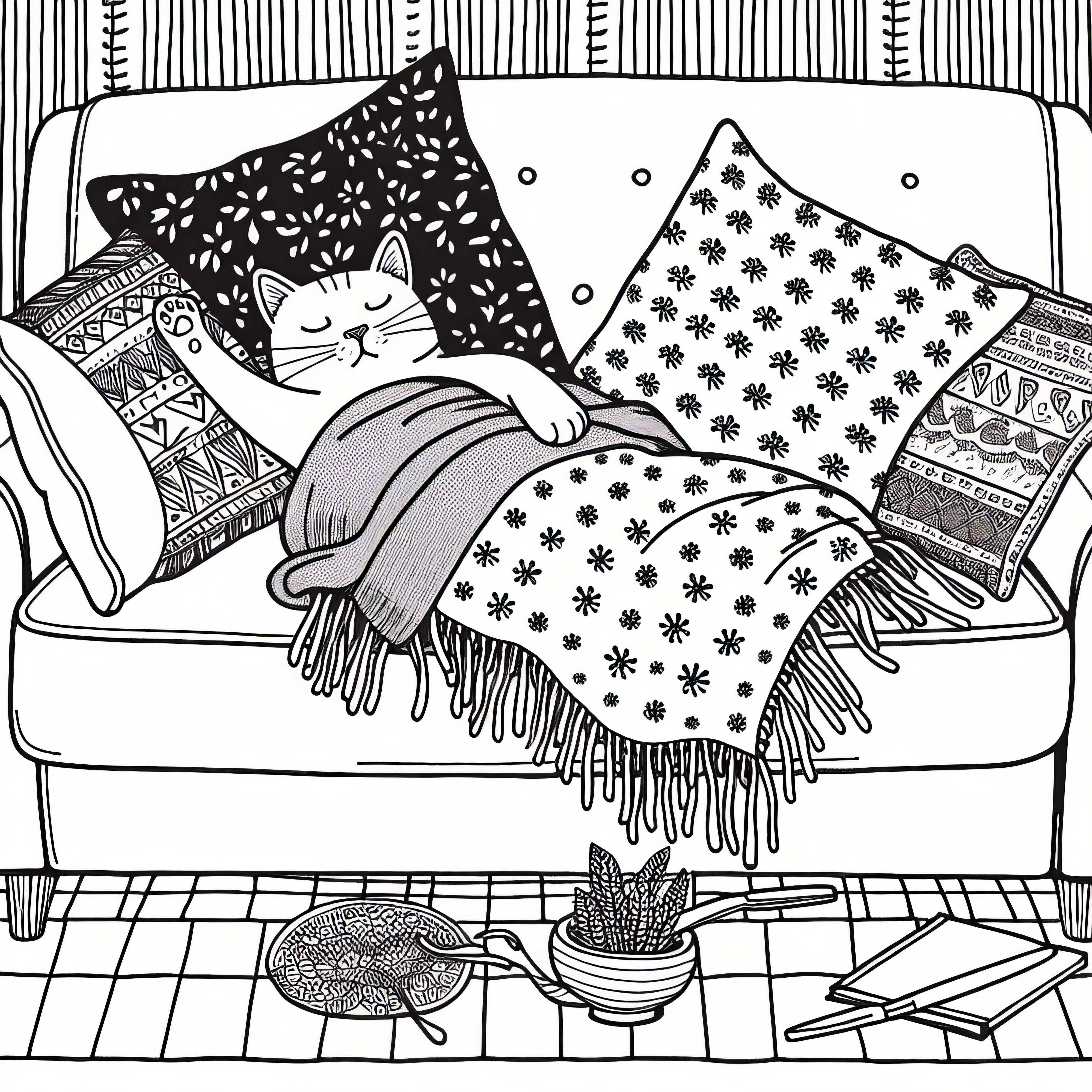 Cat stretches contentedly on the sofa – Free coloring page Cat stretches contentedly on the sofa – Free coloring page