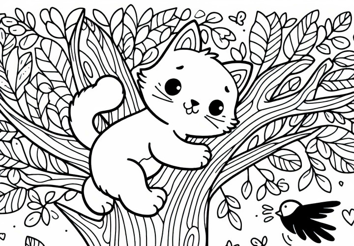 Cat climbs tree - Free coloring page