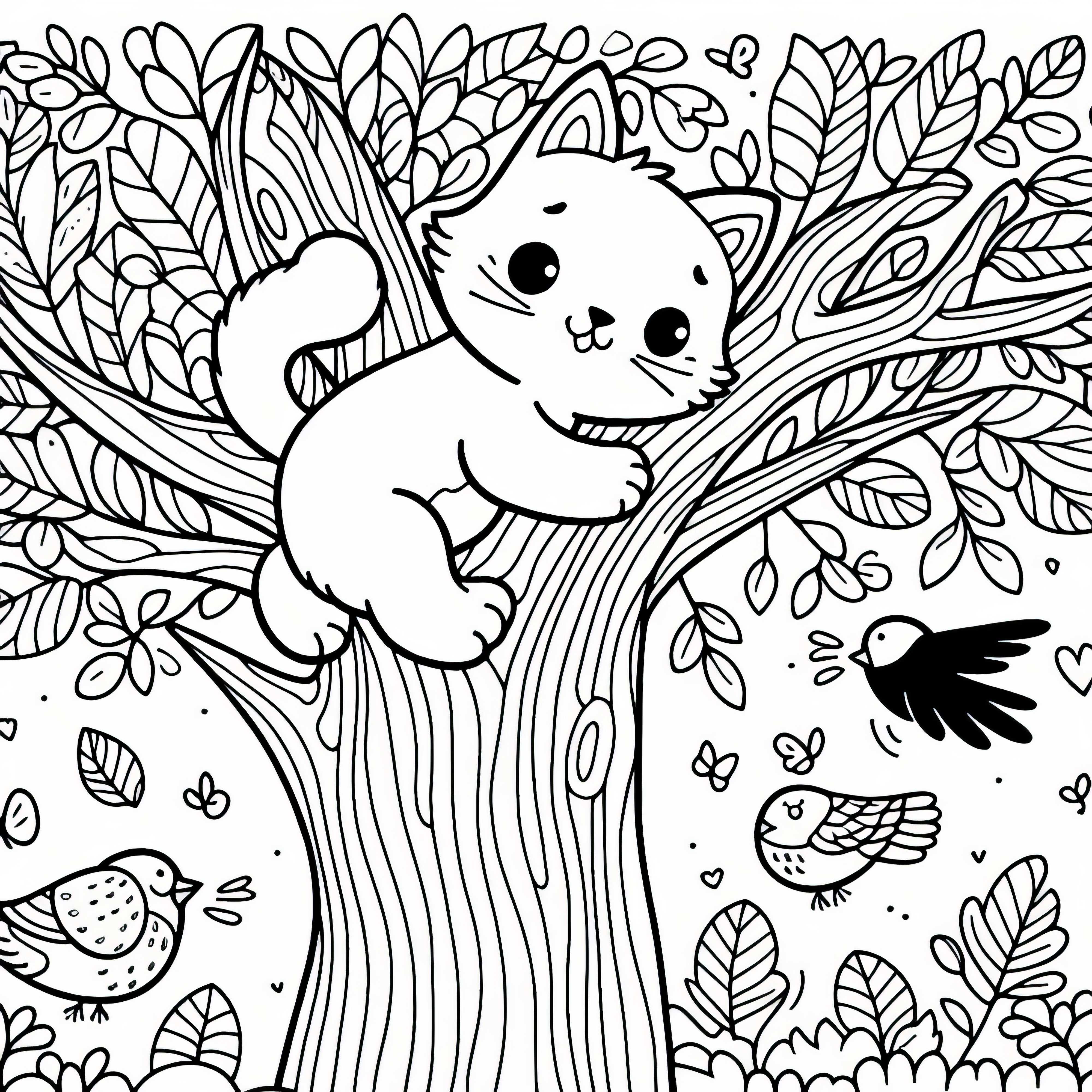 Cat climbs a tree - coloring template free of charge Cat climbs tree – Free coloring page