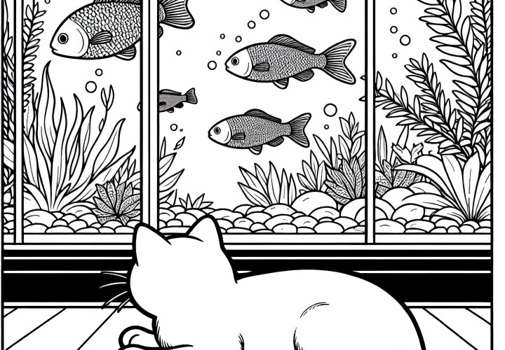 Cat watching fish in the aquarium – Free coloring page