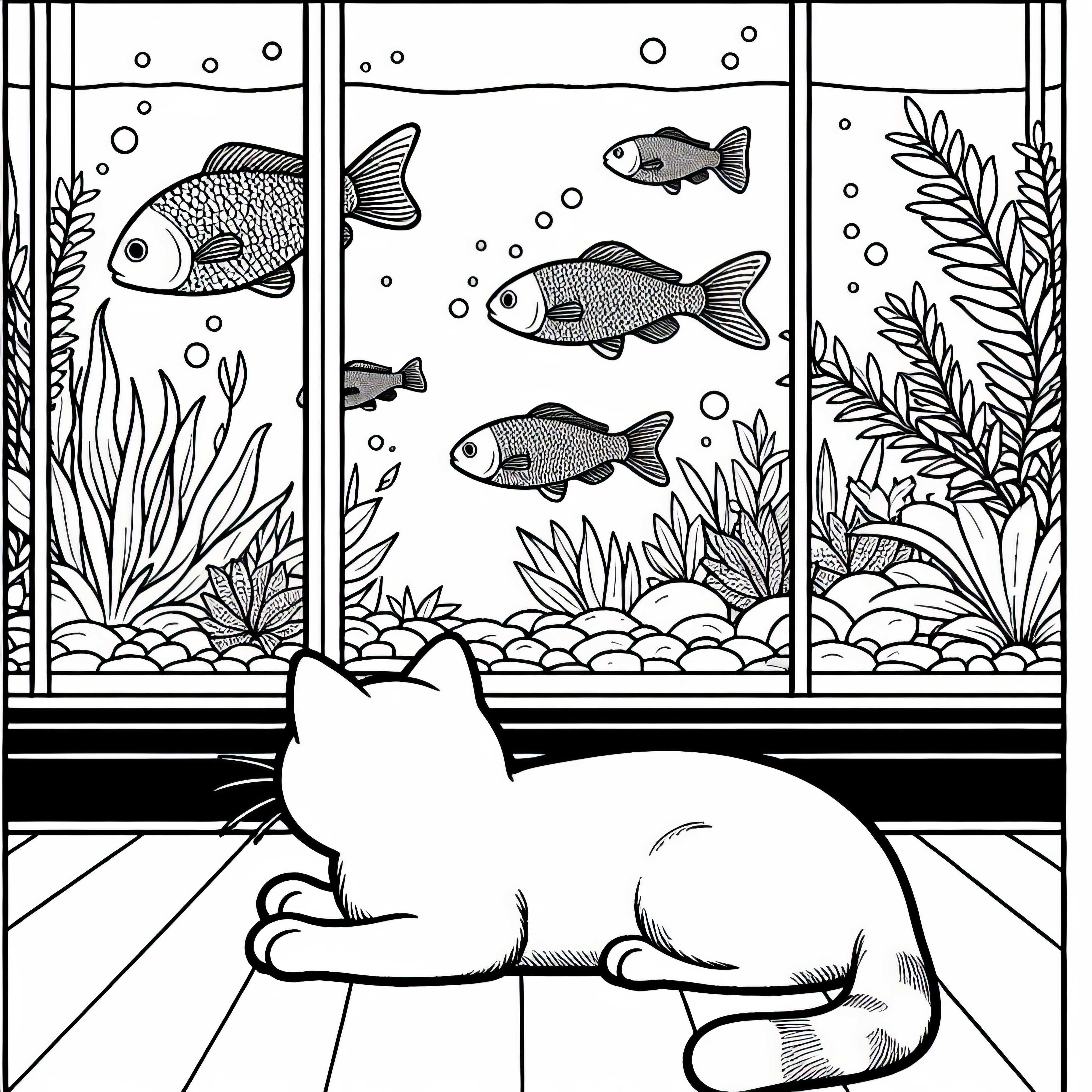 Cat watches fish in the aquarium - Free coloring page