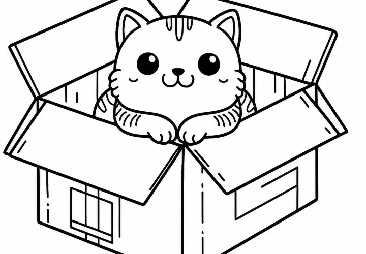 Mačka sedí v lepenkovej krabici – Maľovanka zdarma