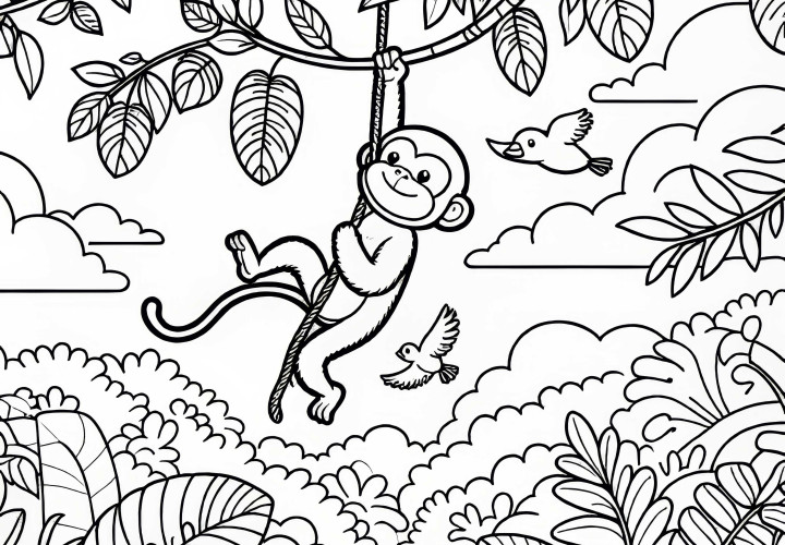 Scimmia dondola su una liana nella giungla – Disegno da colorare gratis