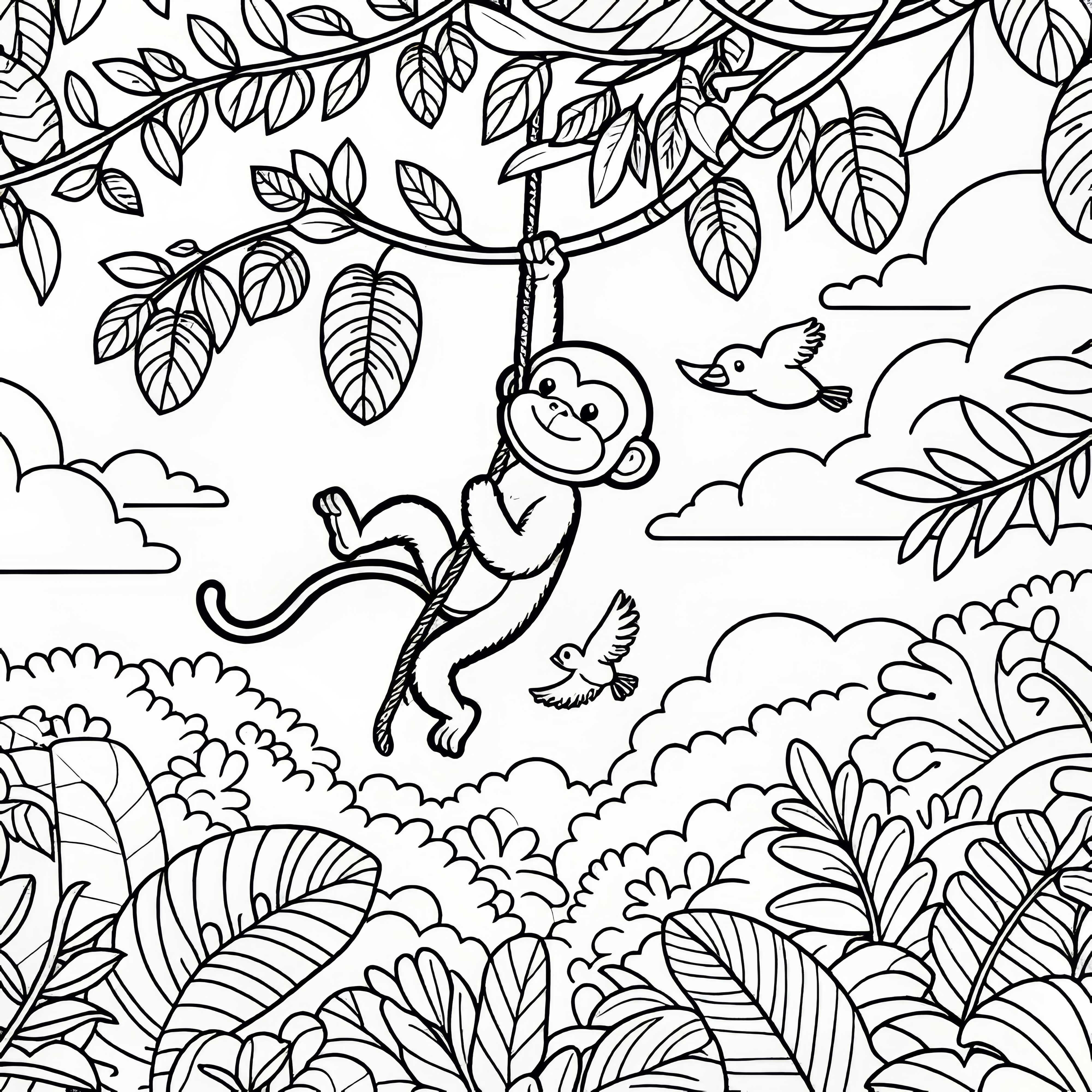 Scimmia che dondola su una liana nella giungla - Disegno da colorare gratuito Una scimmia dondola su una liana nella giungla - Disegno da colorare gratuito