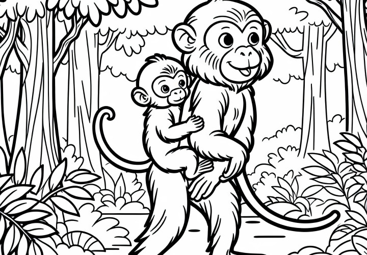 Mamma scimmia porta il cucciolo sulla schiena - Disegno da colorare gratuito