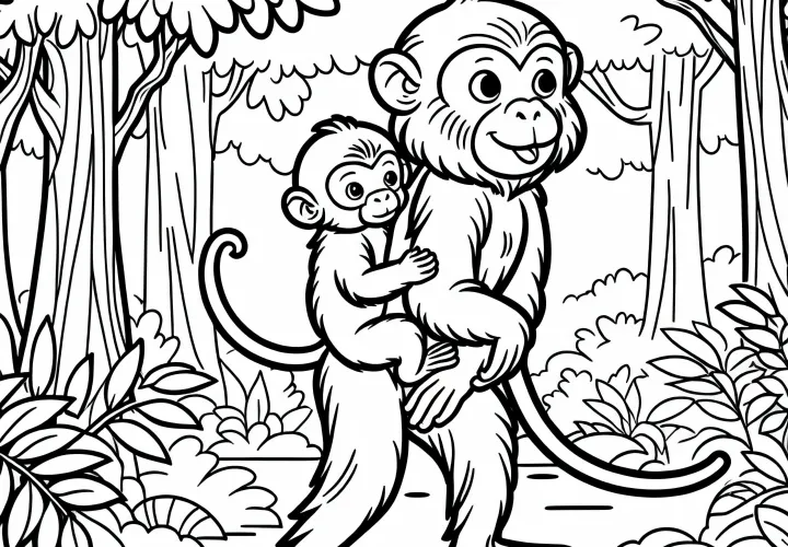 Mama opica nosí dieťa na chrbte – Kresba na vymaľovanie zdarma